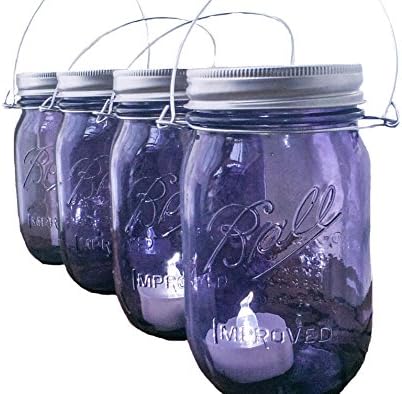 Mountain Woman Products Four Purple Glass Mason Jar Lanterns Light Candle Holder Outdoor Lighting
