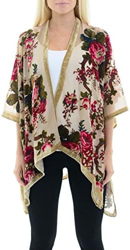 J Fashion Accessories Elegant Floral Devore Velvet Versatile Kimono (Floral Baige)