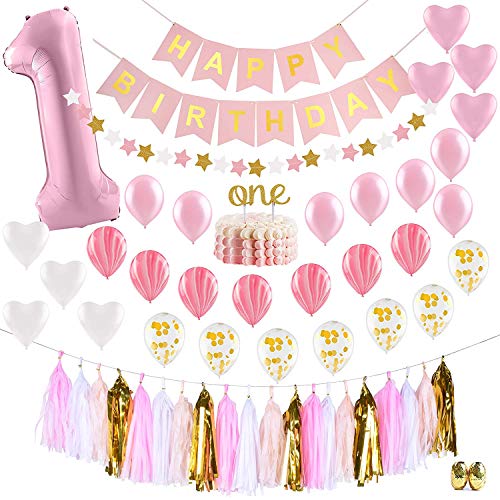 PartyHooman BGD0001 First Birthday Decorations for Girl | 1st Baby Girl# 1 Balloon, One Cake Topper, Star Garland, Marble Pink, Gold Confetti, Heart Balloons, Paper Tassels, Pink