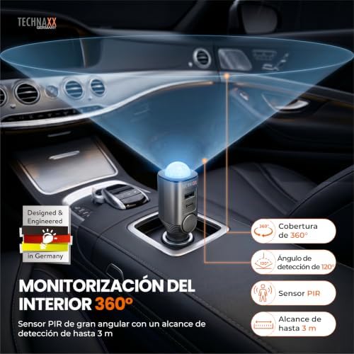 Alarma de coche con sensor de movimiento PIR – Alarma plug-in 12–24V con sirena 110dB, batería de 6 días, puertos USB-A & USB-C, pantalla LED y control remoto - 2026 Update Model - TX-100
