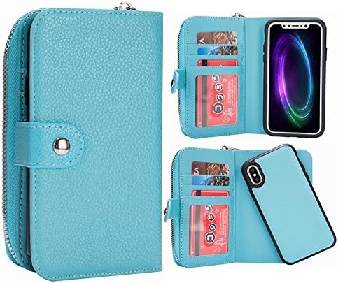 iPhone X Wallet Case, HYSJY Magnetic Detachable Flip Leather Case Purse With Card Holder Slots Wristlet Strap Zip Pocket Removable Slim Back Cover for iPhoneX (Blue)