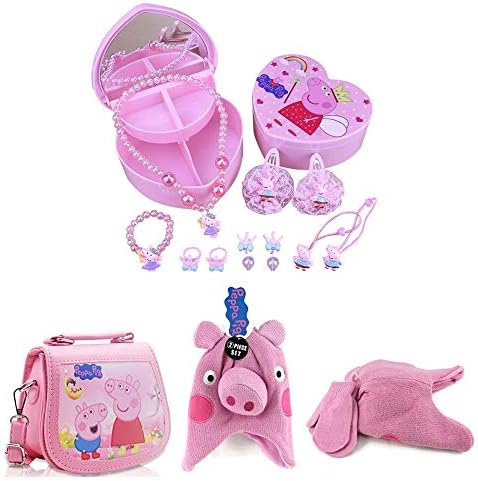 Princess Peppa Jewelry Box, Little Handbag Purse Pink Premium Leather and Hat and Mittens Set, Peppa Pig Toys, Girls, Toddlers, Dress Up, Pretend Play, Accessories, Bags, Gloves, Cute, Fun