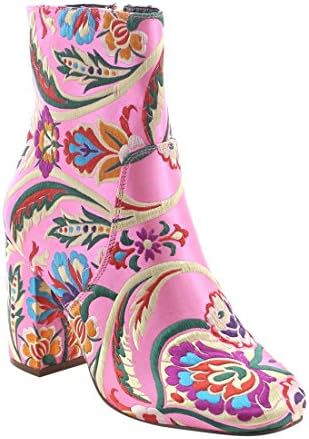 X2B FJ59 Women's Chunky High Heel Floral Embroidery Ankle Booties