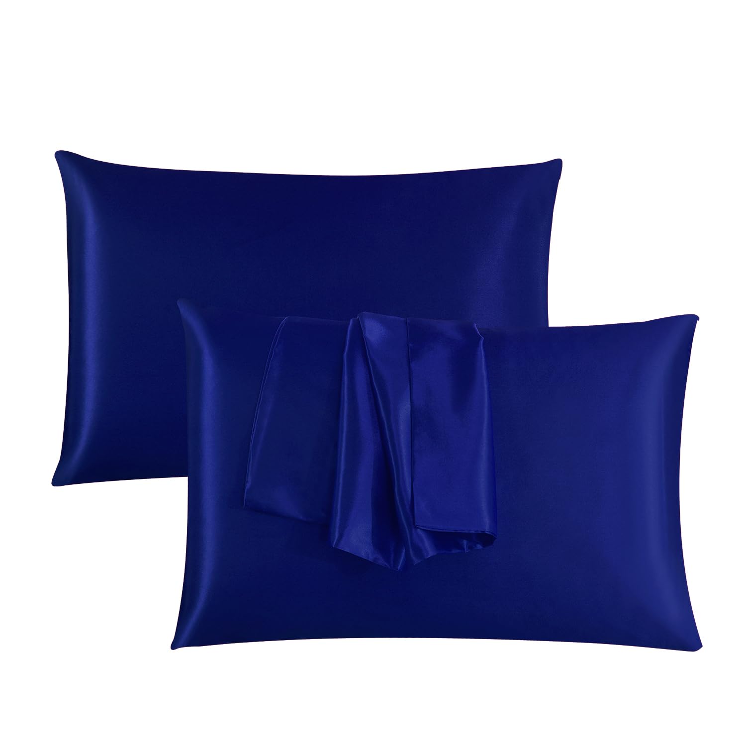 ROOEE Satin Silk Pillowcases for Hair and Skin 2 Pack Standard Size 50x75cm Envelope Closure Pillow Case (NAVY BLUE)