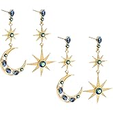 HOBBIESAY 4Pcs Moon Star Earrings Moon Star Dangle Drop Planet Earrings Rhinestone Crescent Long Stud Earring Celestial Asymmetry Earring Fashion Valentines Day Gift Jewellry
