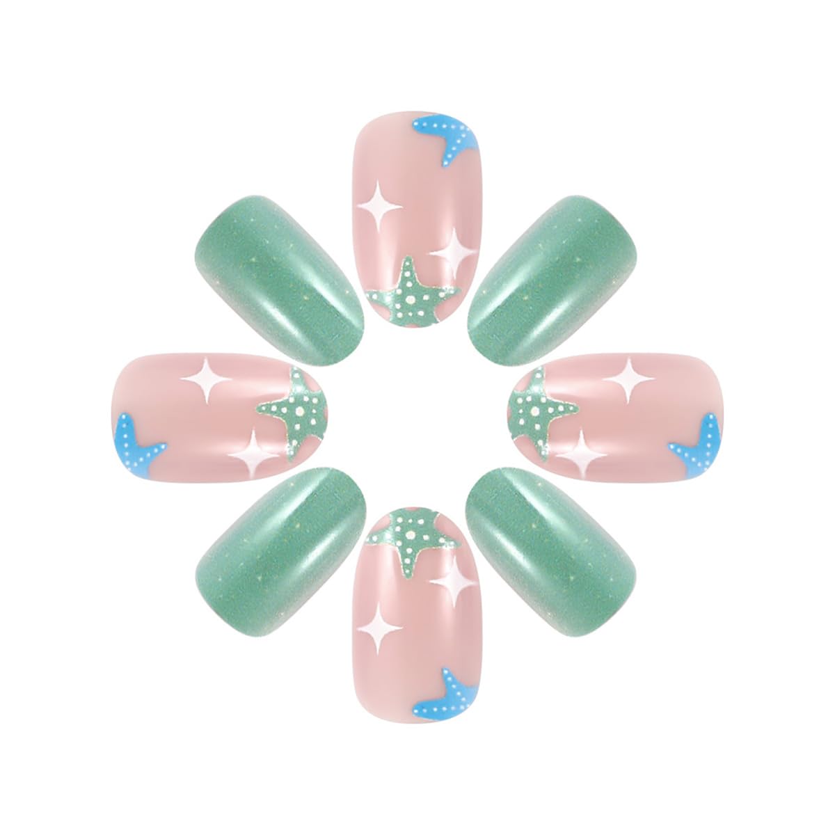 24Pcs Summer Press on Nails Short Almond False Nails Cute Starfish Colorful Designs Beach Ocean Fake Nails Reusable Acrylic Nails Full Cover Stick on Nails for Women Girls Summer Nail Art Decoration - Image 4