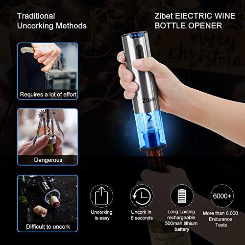 Zibet Rechargeable Electric Wine Opener,Automatic Electric Wine Bottle Opener Corkscrew with Foil Cutter,Wine Pourer and Vacuum Stopper (Stainless Steel)