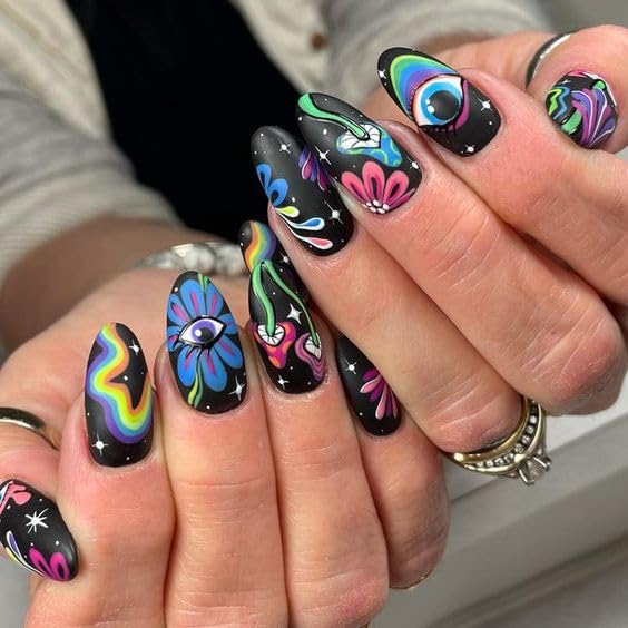 GLAMERMAID Press on Nails Medium Almond, Spring Summer Gothic Cute Cartoon Gel Glue on Nail, 24Pcs Matte Short Stiletto Reusable UV Finish Fake Nails Acrylic False Nails Manicure Kits for Women - Image 2