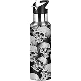 Peaom Halloween Skull Pattern Water Bottle 20 oz Insulated Water Bottles with Straw Leakproof Vacuum Thermal Stainless Steel Water Bottle for Kids Adults