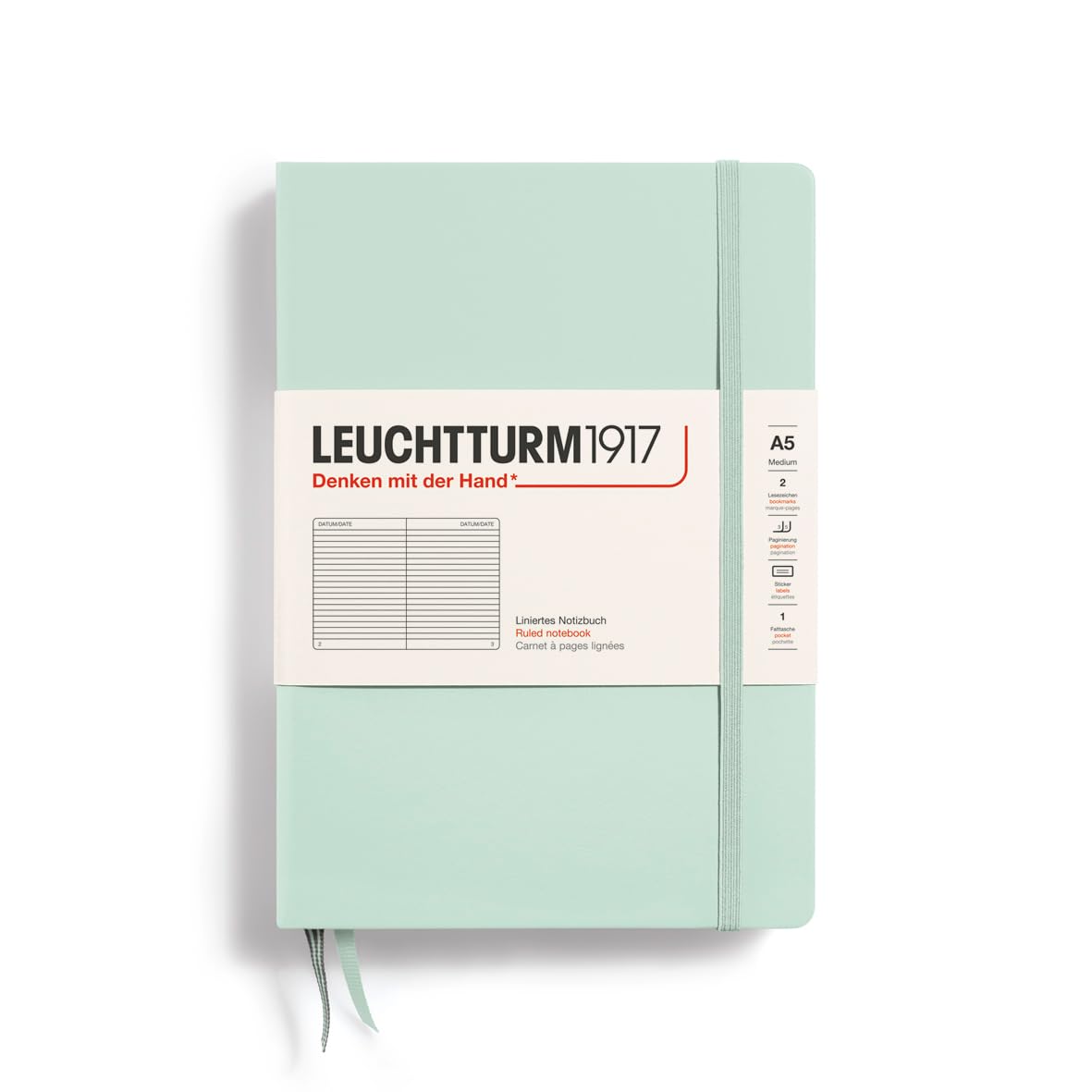 LEUCHTTURM1917 367260 Notebook Medium (A5), Hardcover, 251 Numbered Pages, Mint Green, Ruled
