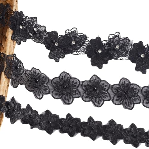 CABODYALS 3Pcs 3 Styles Black Flower Lace Trim Vintage Embroidered Pearl Beaded Ribbon Sheer Organza Fabric Floral Appliques Polyester Ribbons for Sewing Wedding Dress Embellishment Diy Craft Decor