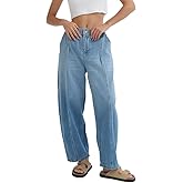 D-Sun Women's Baggy Barrel Jeans Wide Leg Elastic Mid Rise Jeans Casual Boyfriend Denim Ankle Pants