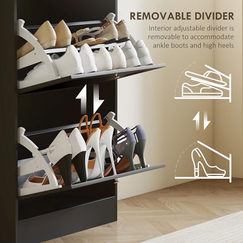 HOMCOM Narrow Shoe Cabinet, Shoe Storage Cabinet with 3 Flip Drawers and Adjustable Shelves for Hallway, Entryway, Holds 12-18 Pairs, Black