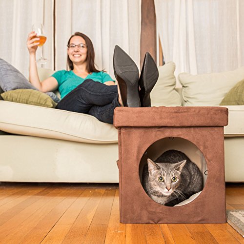 Original ZEN DEN Cat Hideaway Ottoman by Easyology -Enclosed Condo, Covered Cube Cat Bed, 100% Pet Friendly and Soft, Comfortable- Connects To Our Cat Tunnels to Make a Fun Interactive Play Toy