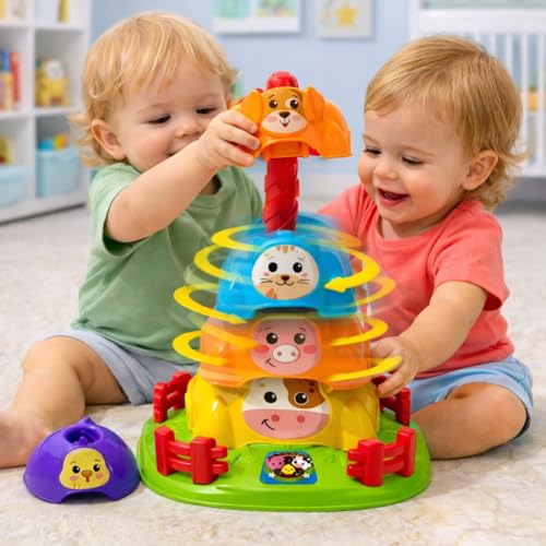 Brinquedos Para bebe Torre Giratória Fazendinha com Animais Brinquedo Educativo de Girar e Empilhar Estimula Coordenação Motora e Percepção Visual Brinquedo para Bebês +12 Meses
