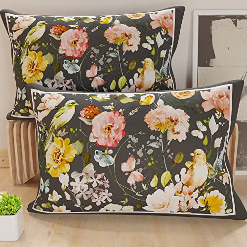 PETTI Artigiani Italiani - Pair of Pillow Cases 145 x 40 cm in Microfibre, Cushions for Bedroom Furniture, Sofa, Living Room, Set of 2 Cushion Covers, Black Floral Pillowcase, 100% Made in Italy