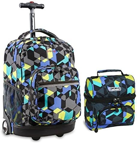 J World Combo Rolling Backpack Lunch Bag Back To School Bundle Set Sunrise Pink Buttons Corey