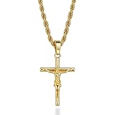 VANGAU Cross Necklace for Men,18K White Gold Plated Crucifix Cross Pendant with 3mm 22" Stainless Steel Rope Chain for Men Women