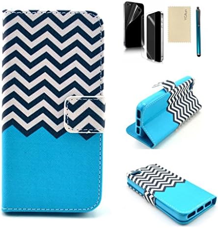 For iPhone 5S Case 5g Cover YCAun® Wallet Flip Folio Cute Case PU Leather Stand Magnet Slim Fit Case With Card Holder/Slots Pocket Stylus Screen Protector and Cleaning Cloth [Blue Chevron]