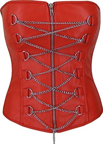 Discreet Tiger Faux Leather Medieval Edwardian Corset Top Silver Chain &amp; Zipper Red 3XL