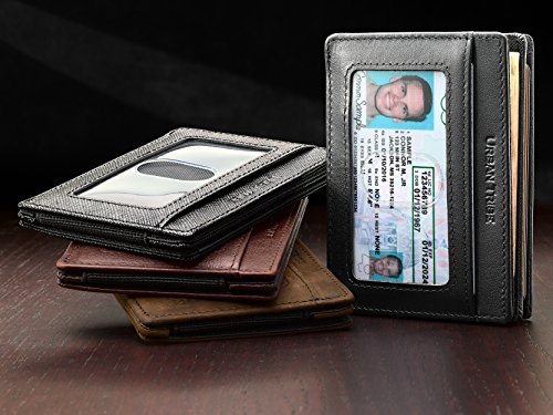 Compact RFID Card Sleeve Wallet Premium Leather Money Clip Card Holder for Up to 10 Cards