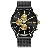 Baogela Mens black Gold Stainless Steel Chronograph Calender Alloy Quartz fashion Wrist Watch