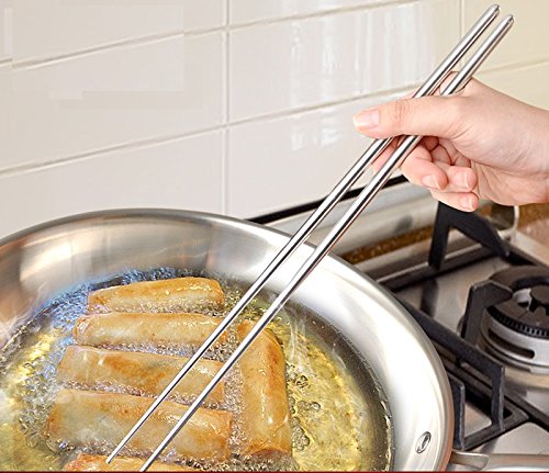 Q&K 2 pairs Stainless Steel 14" Cooking Chopsticks - 36CM EXTRA LONG & Light Weight GREAT FOR NOODLE & FRYING