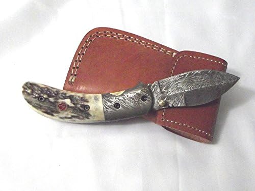 Persian Steel Knives Stag Horn Damascus Blade & Bolster Pocket Knife Sheath Worked Spine