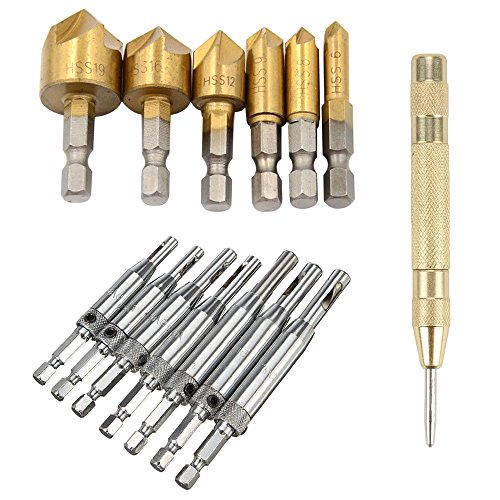 Breynet Countersink Drill Bit Set For Wood Quick Change Bit & Automatic Spring Loaded Center Punch & Door Self-centering Hinge Core Tapper Drill Bit Set Hole Puncher Woodworking Tool