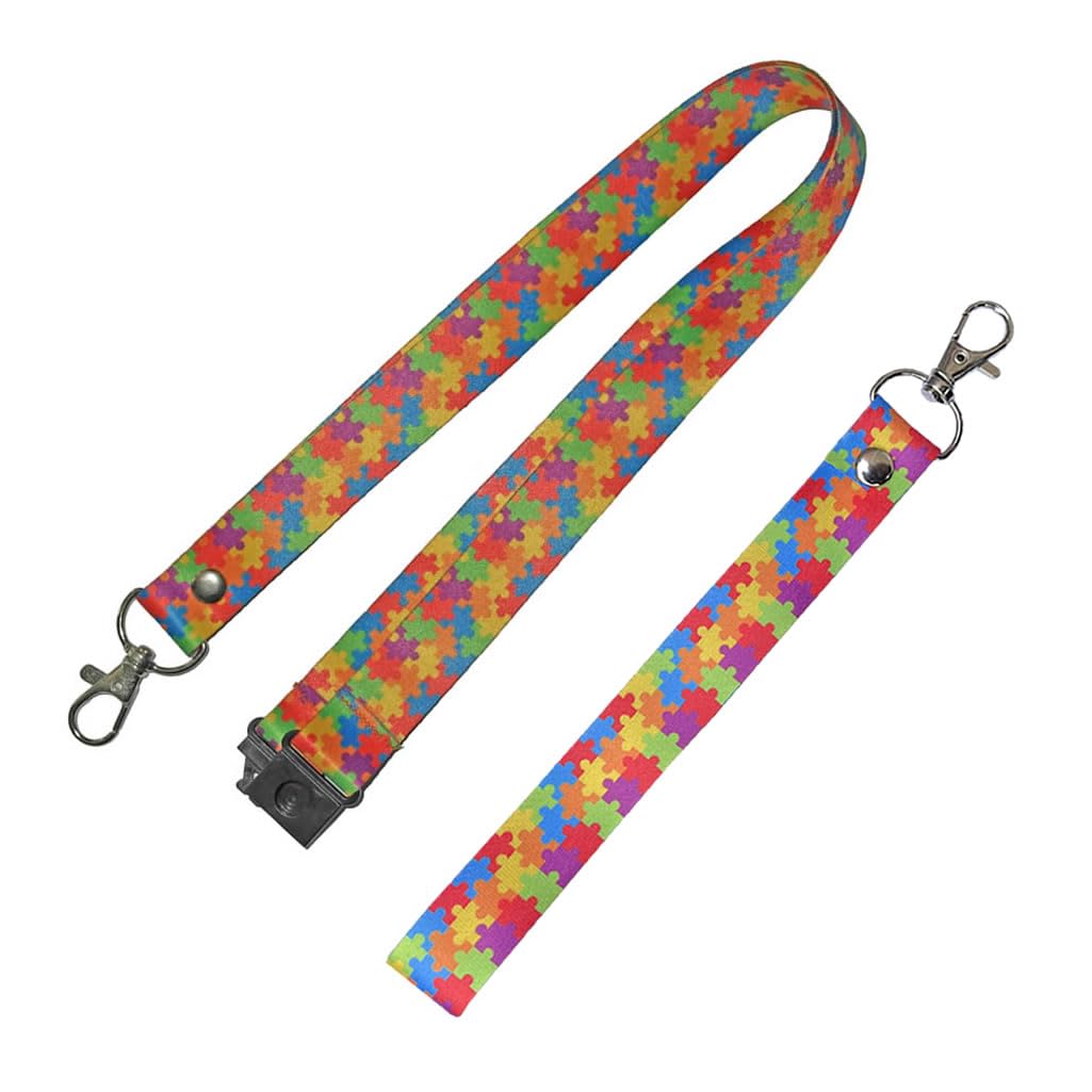PAPER PLANE LONDON Autism Awareness Lanyard & Key tag SET - jigsaw puzzle neck strap, ID holder breakaway Clip