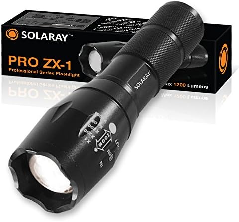 SOLARAY Handheld LED Tactical Flashlight - Professional Series ZX-1 Kit - Super Bright Flashlights High Lumen - 5 Light Modes, Adjustable Focus, Outdoor Water Resistant - Rechargeable Battery, Charger