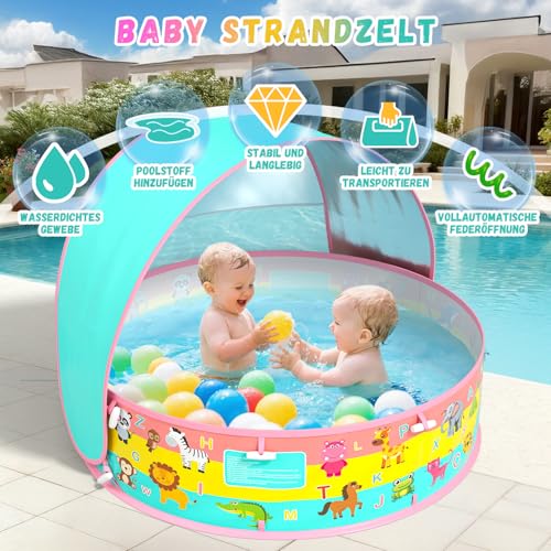 Baby Paddling Pool with Roof, Pop-Up Beach Shelter, Baby UV Protection 50+ with Storage Bag, 4-in-1 Portable Baby Pool with Sun Protection, Summer Must-Haves for Beach, Holiday, Camping and Picnic