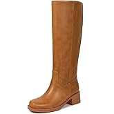 Knee High Boots for Women Brown Riding Boots Platform Square Toe Chunky Low Heel Tall Boots Leather Pull on Long Boots Tan Wide Calf Campus Boots