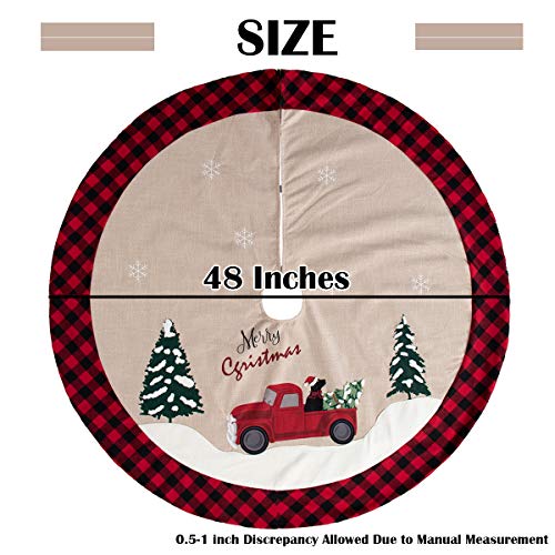 GMOEGEFT 48 Inches Christmas Tree Skirt Burlap with Buffalo Check Trim Rustic Truck and Dog Printing Xmas Home Decoration Ornaments (Truck & Dog)