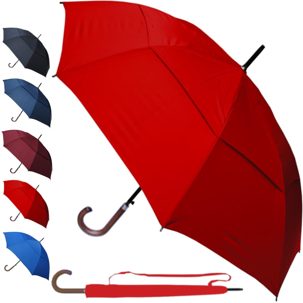 60MPH Windproof Umbrella Large Strong Umbrella - StormDefender City - Best for Vented Double Canopy - Auto Open - Solid Wood Hook Handle - Rainproof Designer Big Golf - Wedding Red
