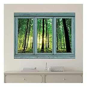 Vintage Teal Window Looking Out Into a Greenery Forest - Wall Mural, Removable Sticker, Home Decor - 24x32 inches