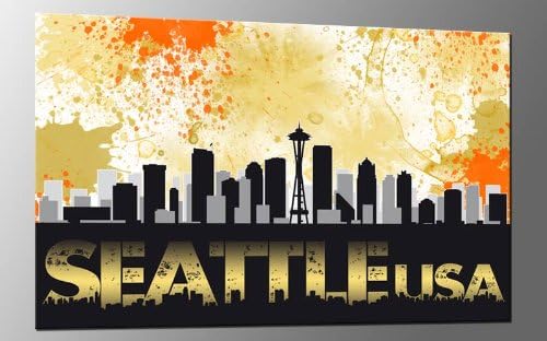 DIGITAL ART XL Artwork SEATTLE BLOTS CREME XXL Panel 47 x 31,5" USA CITY SKYLINE A02074 Canvas Art Ready to Hang Framed Wall Art Decor Hand-made with Love, Cheaper than Oil painting Wallprint LIVING STYLE FINE ART PRINT MADE IN GERMANY