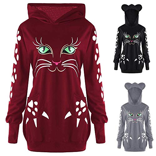image for GOVOW Halloween Sweater Shirt for Women Cat Print Hoodie with Ears Hoo
