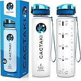 Cactaki Water Bottle with Time Marker, Large BPA Free Water Bottle, Non-Toxic, 1 Liter 32 Oz, for Fitness and Outdoor Enthusiasts, Leakproof and Durable