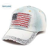 Raylans Women American Flag Rhinestone Jeans Denim Baseball Adjustable Bling Hat Cap