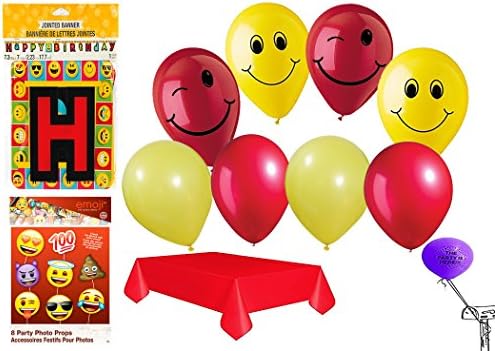 Emoji Party 16 Ct Photo Props With 2 Happy Birthday Jointed Banners And 9 Balloons 1 Red Table Cover