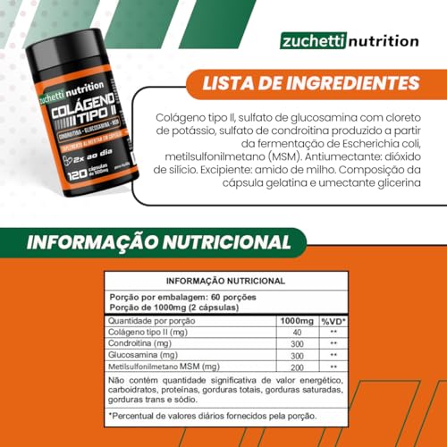 Colágeno Tipo 2 Condroitina e Glucosamina Msm 120 Cápsulas 500mg Zuchetti nutrition