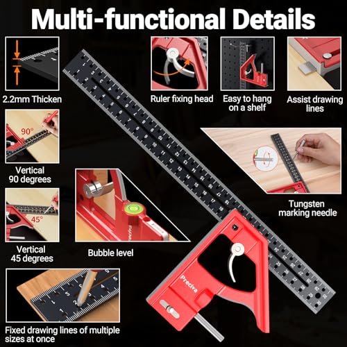Carpenter's Square Set, Preciva Metric Marking Gauge and Triangles Carpenter's Angle Set with Construction Pencil, Combination Angle Ruler Made of Aluminium Alloy for DIY, Woodworking, Home Work