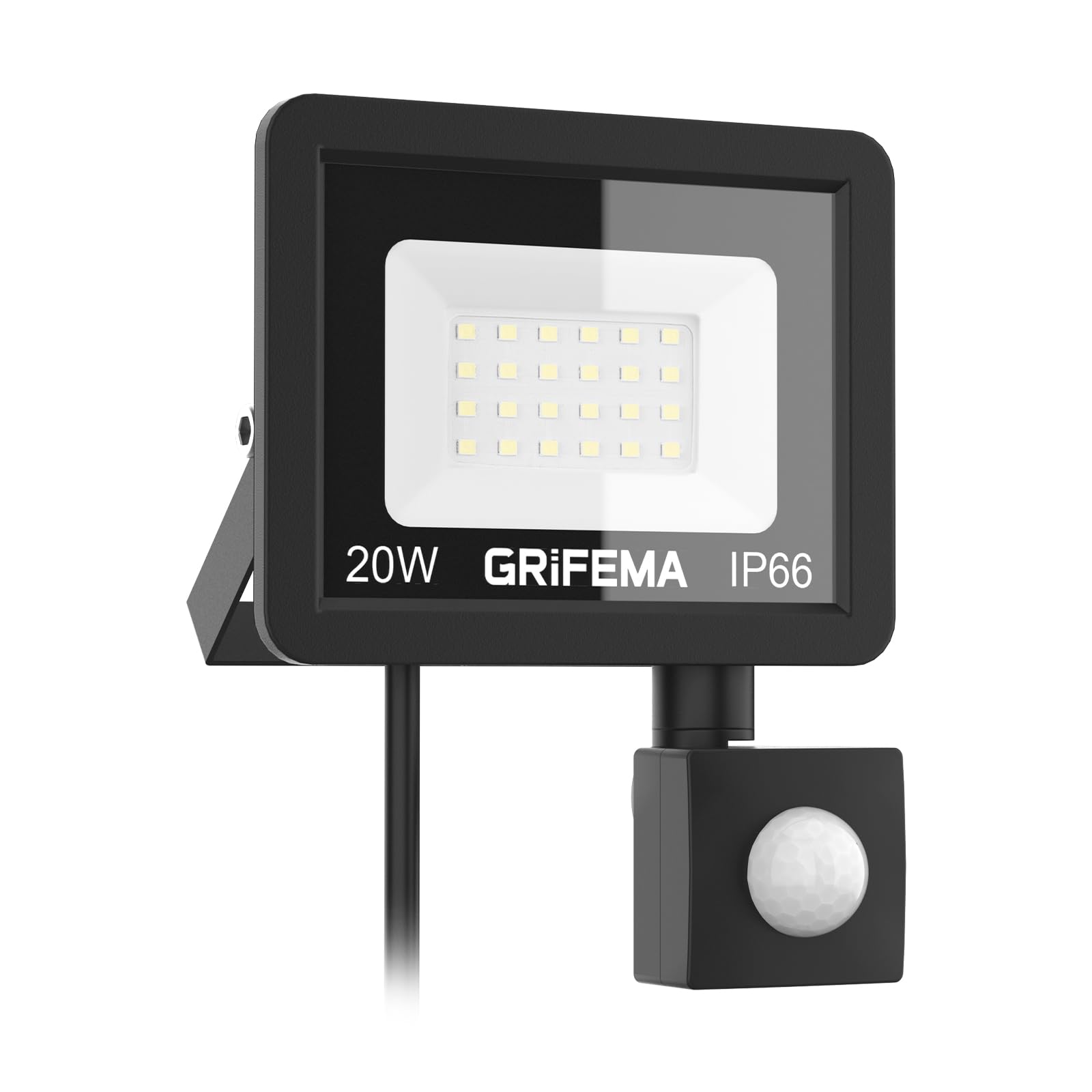 GRIFEMA 20W LED Security Lights Outdoor with Motion Sensor, 2200LM, 6500K Cool White, IP66 Waterproof, Adjustable 180° Bracket for Garden, Garage, Yard & Security Lighting, No Plug​