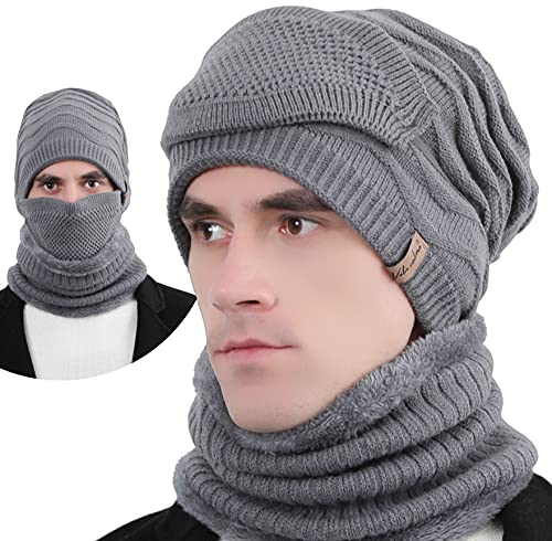 Winter Hat Outdoor Wind Proof 3pcs Unisex Knit Hat Skull Cap Knit Slouchy Beanie Wool Hat Ski Hat with Neck Warmer Scarf, Cloth Mask and Pocket Filter (Cap Grey)