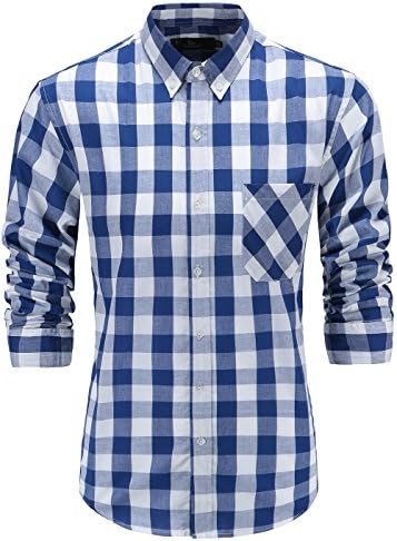 Men's 100% Cotton Slim Fit Long Sleeve Button Down Plaid Dress Shirt