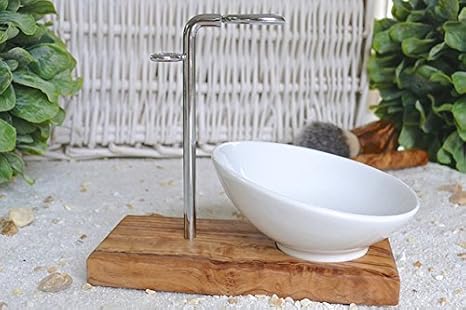 D.O.M. Rasierpinselhalter KLASSIK PLUS aus Olivenholz mit Porzellanschale schräg 10 cm