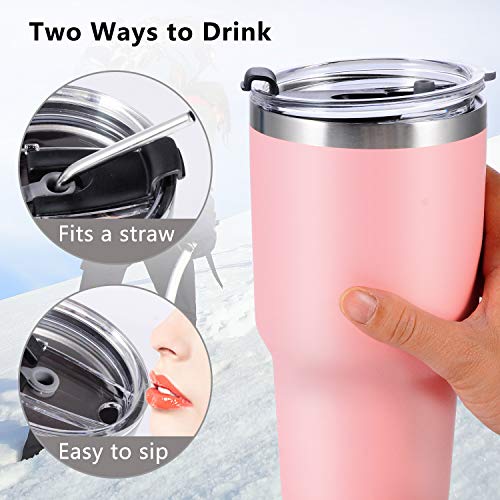 30oz Stainless Steel Insulated Pink Tumbler Travel Mug with Straw Slider Lid, Cleaning Brush, Double Wall Vacuum