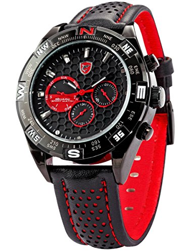 Shortfin Shark Fashion 6 Hands Black Leather Steel Case Army Sport Quartz Wrist Watch SH080