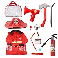 Mizzuco Kids Fireman Gear Firefighter Costume Role Play Dress-up Toy Set with Real Water Shooting Extinguisher (10pcs) (Fireman Costume)